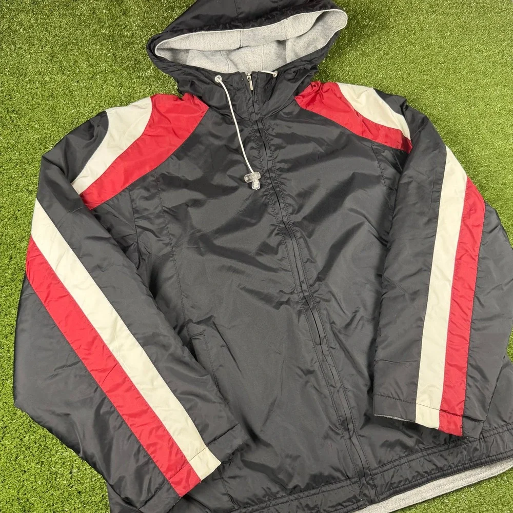 Weather Tamer Mens Hooded Windbreaker Jacket Black Red White Colorblock Size M